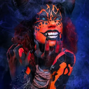 female red demon white teeth bodypainting shooting photo madtography